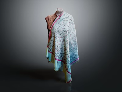 Patterned Shawl With Pink Trim On Mannequin Against Gray Background 3d model