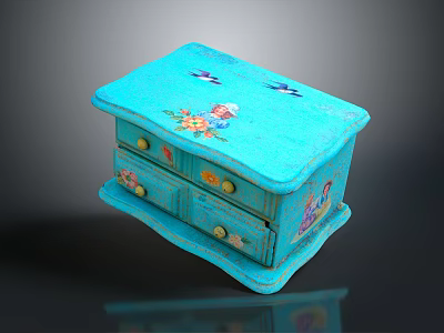 Blue Hand Painted Decorative Storage Box With Floral Bird Patterns And Wooden Drawers 3d model