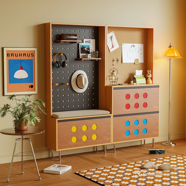 Wooden Shoe Cabinet With Colorful Dots Pegboard Upholstered Bench And Decorative Items 3d model 