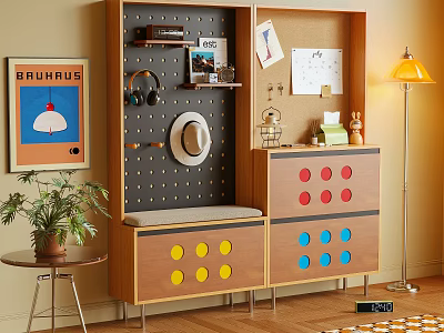 Wooden Shoe Cabinet With Colorful Dots Pegboard Upholstered Bench And Decorative Items 3d model