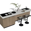 Stylish Bar Counter With Wooden Cabinets White Countertop Potted Plant Sink And Two Bar Stools
