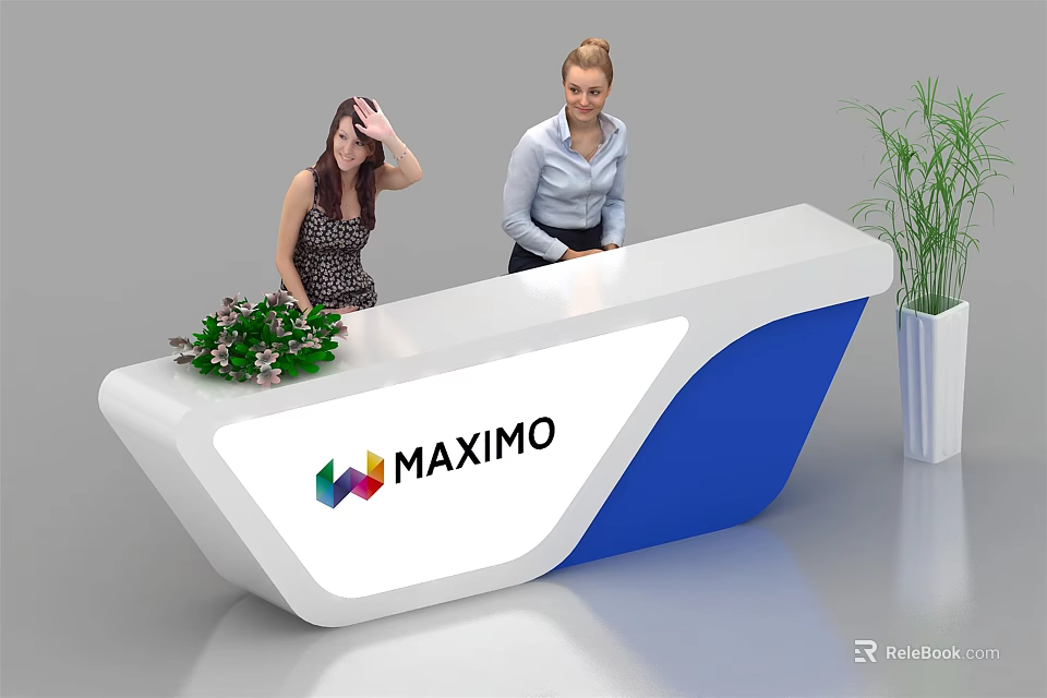 Modern White And Blue Reception Desk With MAXIMO Logo And Green Plants 3d model 