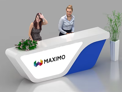 Modern White And Blue Reception Desk With MAXIMO Logo And Green Plants 3d model