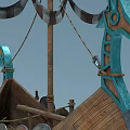 Traditional Wooden Ship With Dragon Head Decoration Colorful Shields Oars And Mast