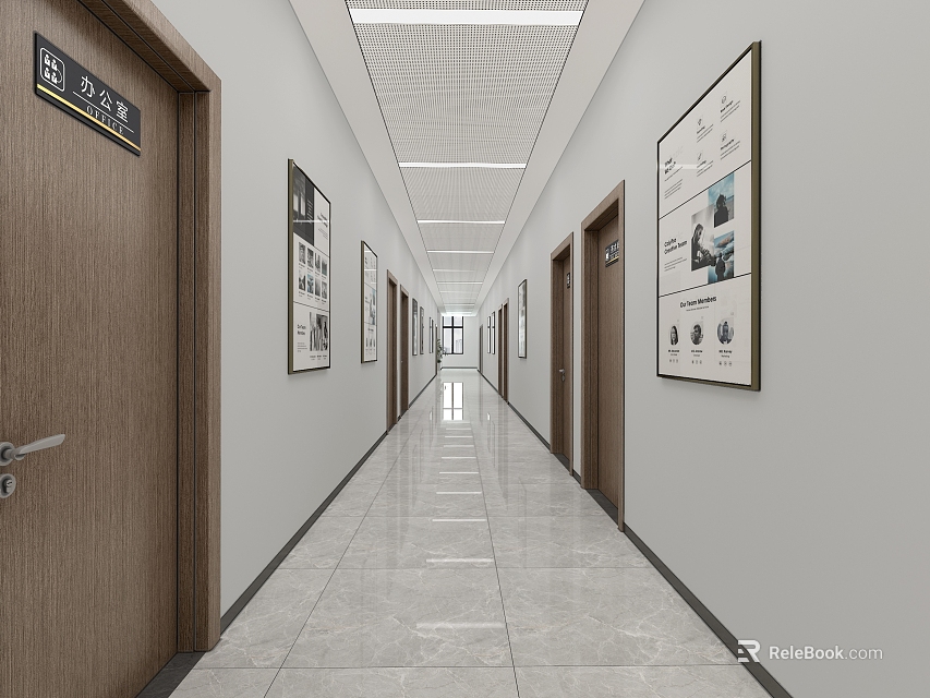 Bright Modern Office Corridor With Wooden Doors Decorative Posters Ceiling Lights And Tile Flooring 3d model 