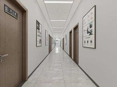 Bright Modern Office Corridor With Wooden Doors Decorative Posters Ceiling Lights And Tile Flooring 3d model