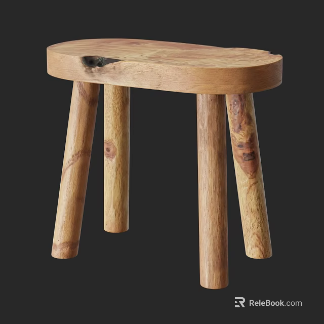 Handcrafted Wooden Stool with Curved Seat Four Solid Wood Legs and Natural Grain 3d model 