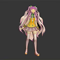 Anime Game Character With Long Blonde Hair Red Bow Yellow Top Purple Skirt White Stockings