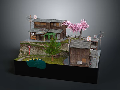 Traditional Japanese House Exterior with Pink Cherry Blossom Green Tree Stone Wall and Path 3d model
