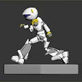 White Robot Game and Movie Character With Yellow Purple Head Standing on Hexagonal Base