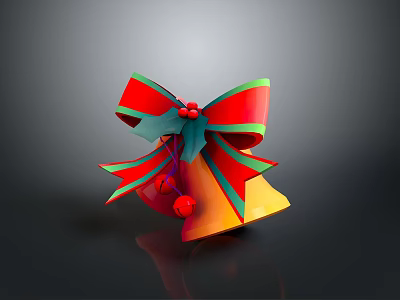 Yellow Festive Bells With Red And Green Bow And Decorative Red Berries 3d model