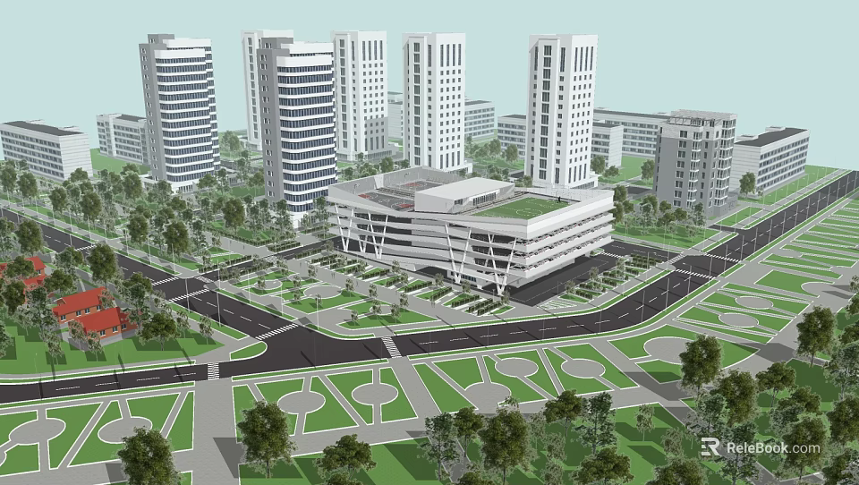 Modern Urban City Layout With Tall Buildings Central Structure And Green Spaces 3d model 