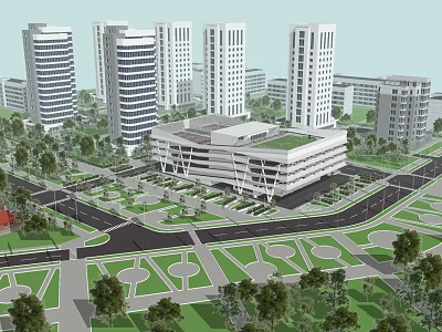 Modern Urban City Layout With Tall Buildings Central Structure And Green Spaces 3d model