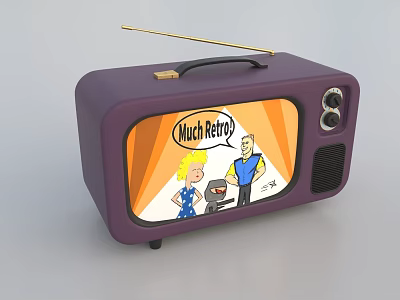Vintage Purple Retro TV With Antenna And Cartoon Characters On Screen 3d model