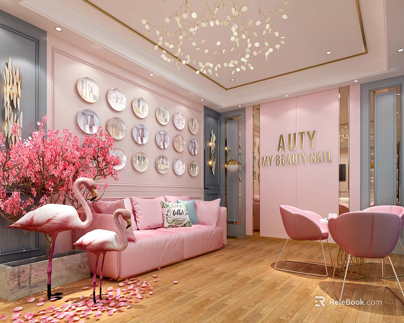 Elegant Beauty Salon Interior With Pink Sofa Flamingo Decor Circular Mirror Wall Chandelier And Pink Chairs 3d model 
