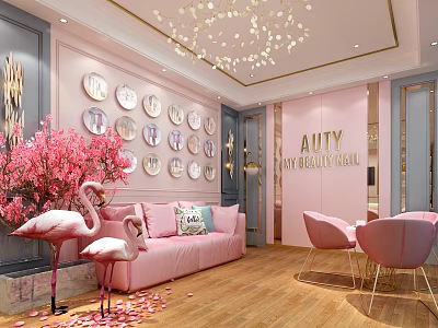 Elegant Beauty Salon Interior With Pink Sofa Flamingo Decor Circular Mirror Wall Chandelier And Pink Chairs 3d model