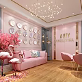 Elegant Beauty Salon Interior With Pink Sofa Flamingo Decor Circular Mirror Wall Chandelier And Pink Chairs