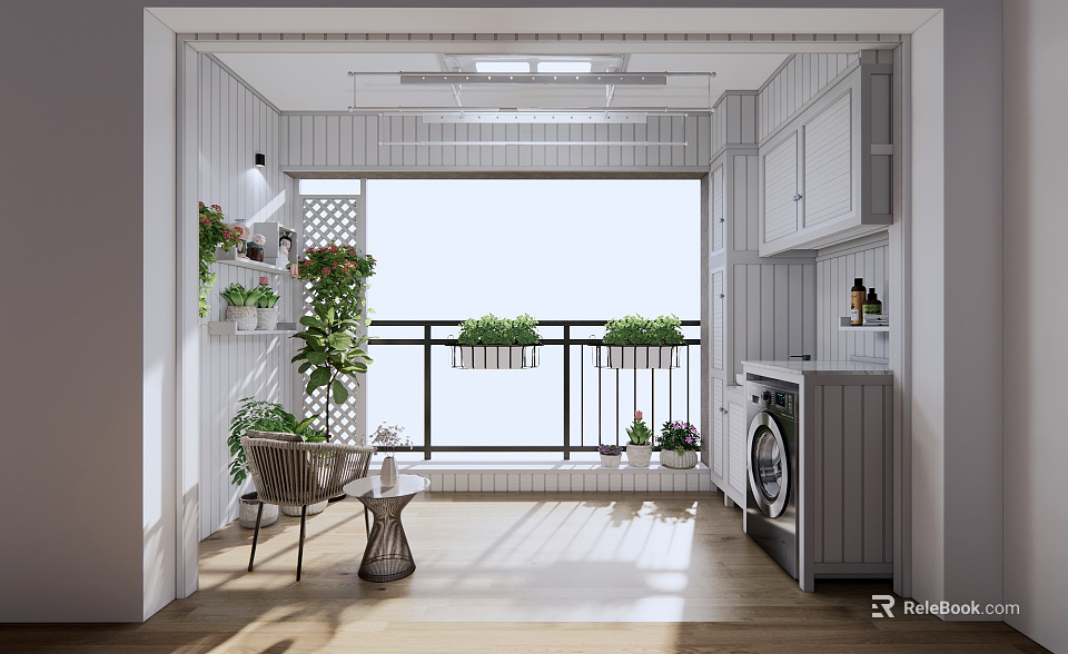 Bright Home Balcony Interior With Green Plants Washing Machine Table And Chairs 3d model 