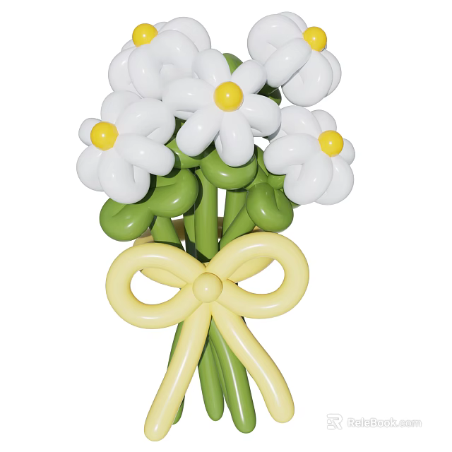 Cute Decorative Ornament Set With White Flowers Yellow Centers Green Stems And Yellow Bow 3d model 