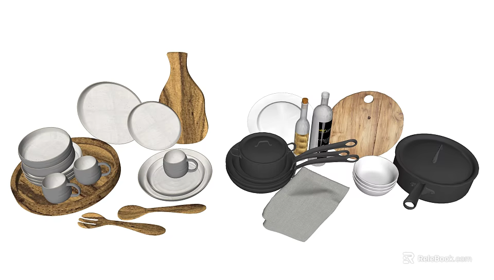 Essential Kitchen Utensils Set with Plates Bowls Pots Cutting Boards and Tools 3d model 