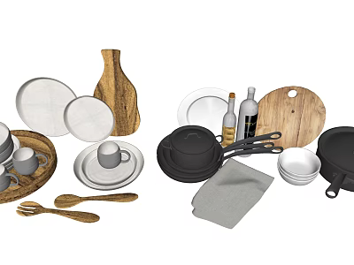 Essential Kitchen Utensils Set with Plates Bowls Pots Cutting Boards and Tools 3d model
