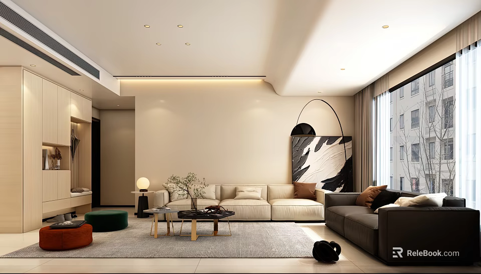 Modern Warm Minimalist Living Room Interior Design With Comfortable Sofas And Large Natural Light Windows 3d model 