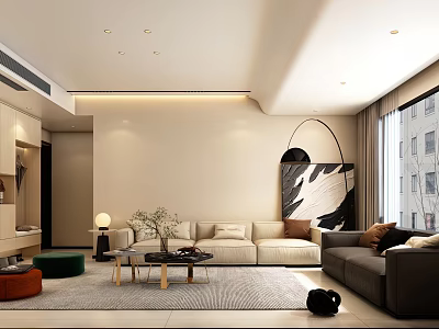 Modern Warm Minimalist Living Room Interior Design With Comfortable Sofas And Large Natural Light Windows 3d model