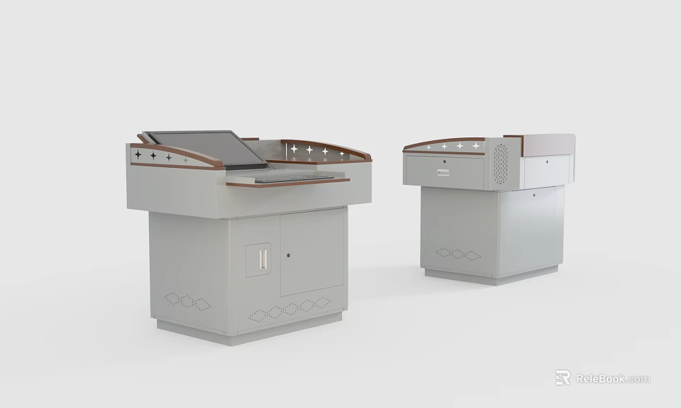 Two Functional Modern Gray Podiums With Display Screen Drawers And Cabinets 3d model