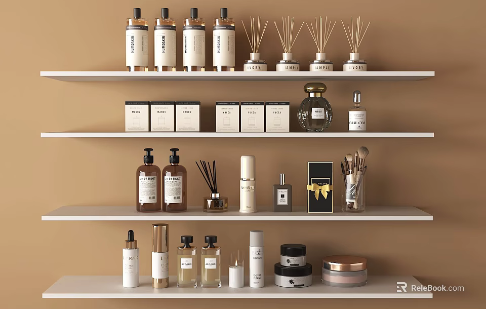 Perfume And Cosmetics White Shelf Display With Bottles Reed Diffusers Boxes Makeup Brushes And Jars 3d model 