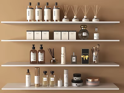Perfume And Cosmetics White Shelf Display With Bottles Reed Diffusers Boxes Makeup Brushes And Jars 3d model