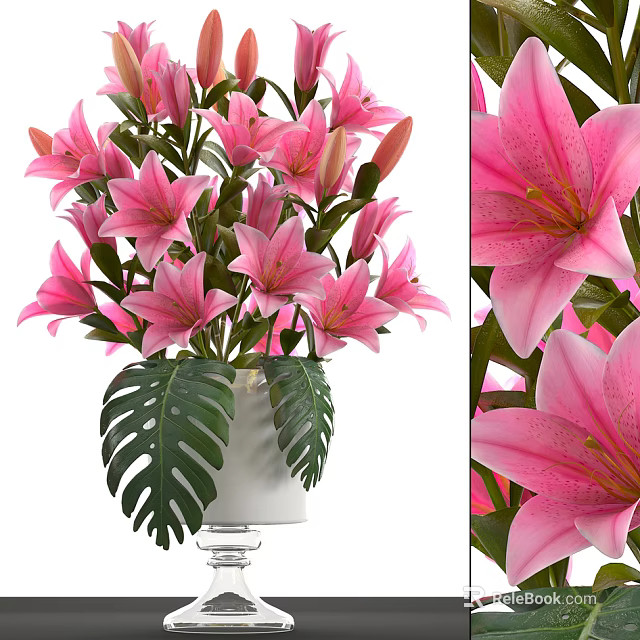 Pink Lilies Arrangement in White Vase with Monstera Leaves and Glass Base 3d model 