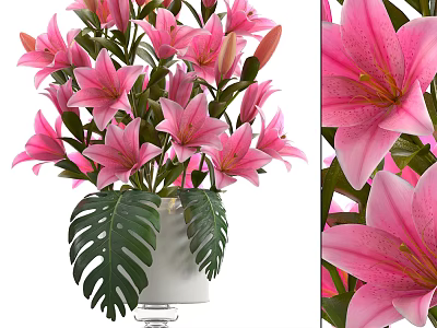 Pink Lilies Arrangement in White Vase with Monstera Leaves and Glass Base 3d model