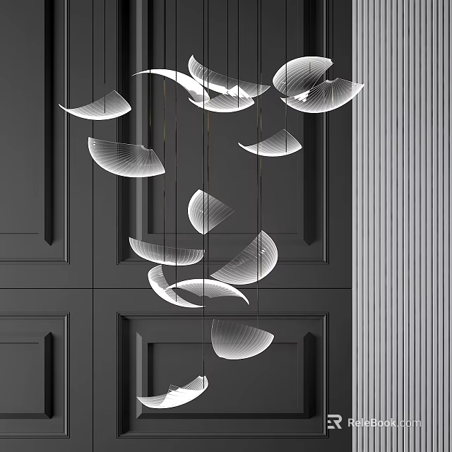 Modern Crystal Chandelier With Leaf Shaped Design Suspended Over Dark Wall 3d model 