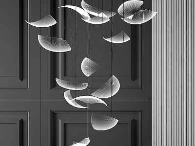 Modern Crystal Chandelier With Leaf Shaped Design Suspended Over Dark Wall 3d model