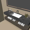 Modern Bathroom Vanity with Backlit Mirror Gray Countertop Drawers Towels and Toiletries