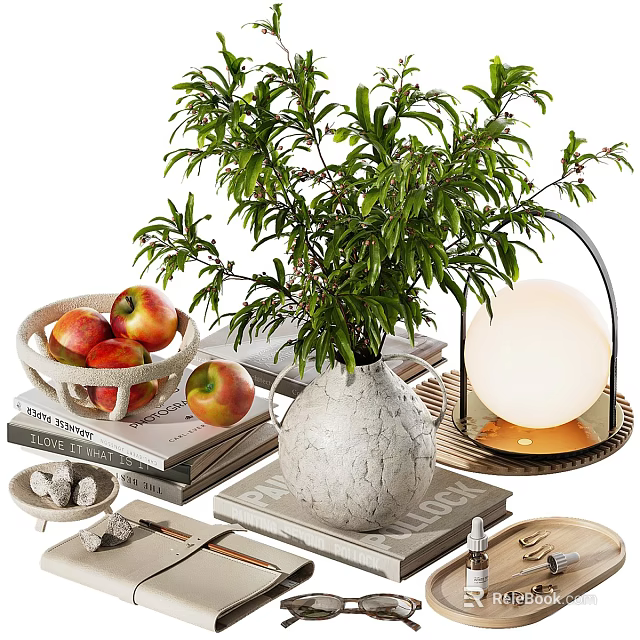 Elegant Decorative Ornament Set with Green Plant Vase Stacked Books and Fruit Bowl 3d model 