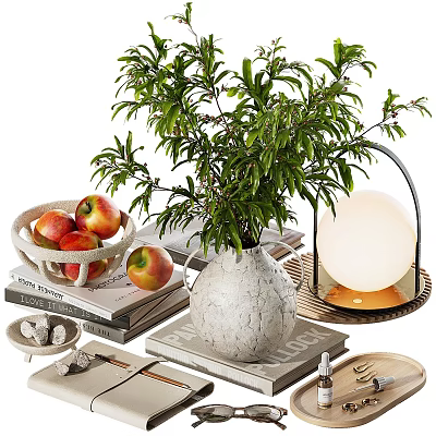 Elegant Decorative Ornament Set with Green Plant Vase Stacked Books and Fruit Bowl 3d model