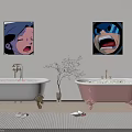 Bathroom Interior with White and Pink Bathtubs Gold Faucets Wall Art Potted Plant and Rug