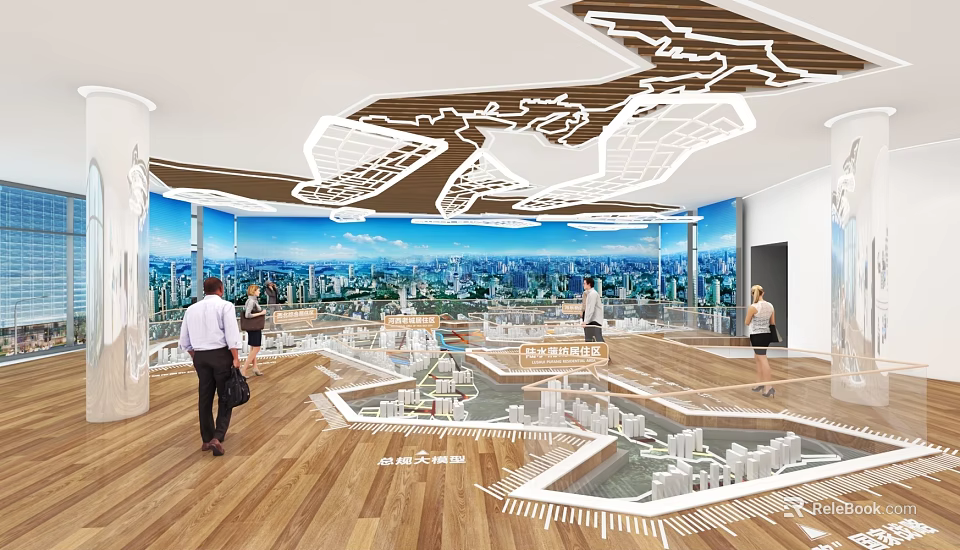 Urban Exhibition Hall With City Models Visitors Ceiling Design And Cityscape Backdrop 3d model 