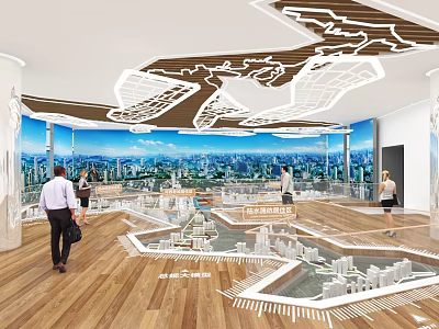Urban Exhibition Hall With City Models Visitors Ceiling Design And Cityscape Backdrop 3d model