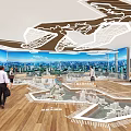Urban Exhibition Hall With City Models Visitors Ceiling Design And Cityscape Backdrop