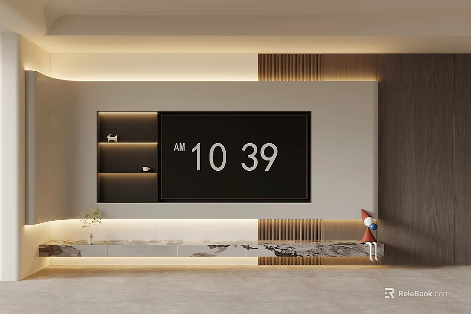 Modern TV Backdrop Wall Design With Digital Clock Screen Open Shelves And Ambient Lighting 3d model 