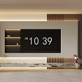 Modern TV Backdrop Wall Design With Digital Clock Screen Open Shelves And Ambient Lighting