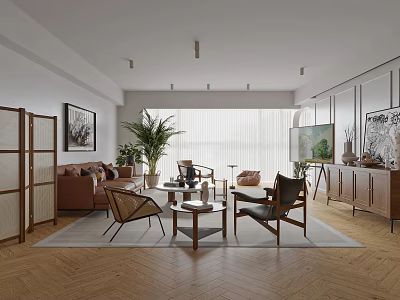 Modern Living Room Interior With Brown Sofa Coffee Table Armchair And Green Plants 3d model