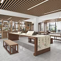 Chinese Style Service Hall Interior With Wooden Furniture And Large Windows