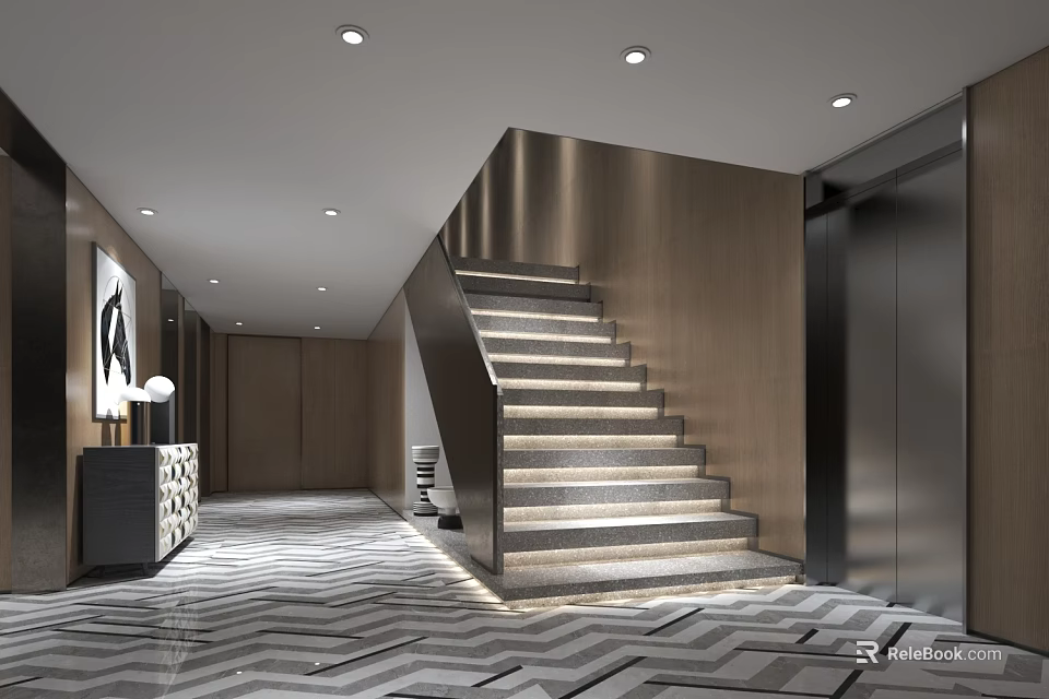 Modern Clubhouse Interior Design With Staircase Elevator And Luxury Decor Elements 3d model 