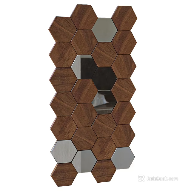 Decorative Hexagonal Wall Mirror with Wooden and Silver Tiles Design 3d model 