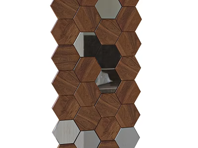Decorative Hexagonal Wall Mirror with Wooden and Silver Tiles Design 3d model