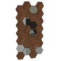 Decorative Hexagonal Wall Mirror with Wooden and Silver Tiles Design 3d model