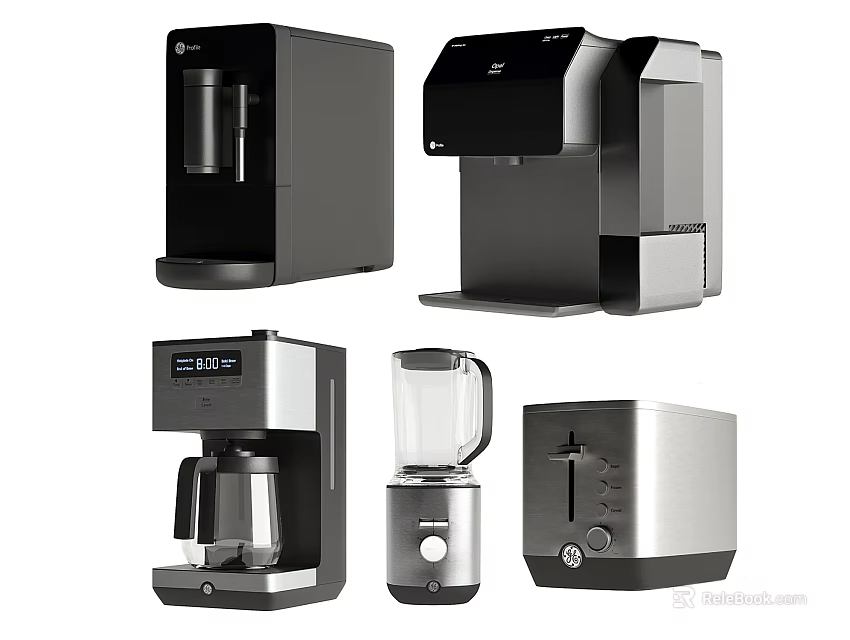 Modern Black And Silver Kitchen Appliances Including Coffee Maker Blender Toaster And Kettle 3d model